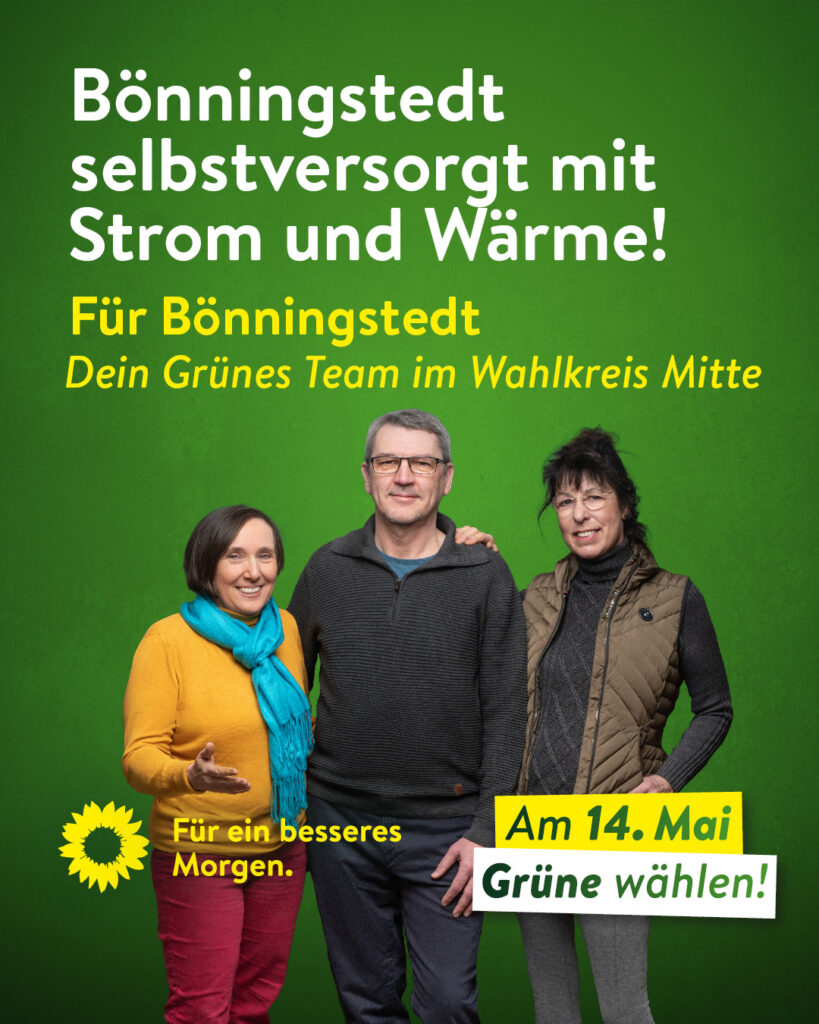 Bönningstedt selbstversorgt mit Strom und Wräme! 3 freundliche Personen (2 Frauen und 1 Mann auf grünem Hintergrund)